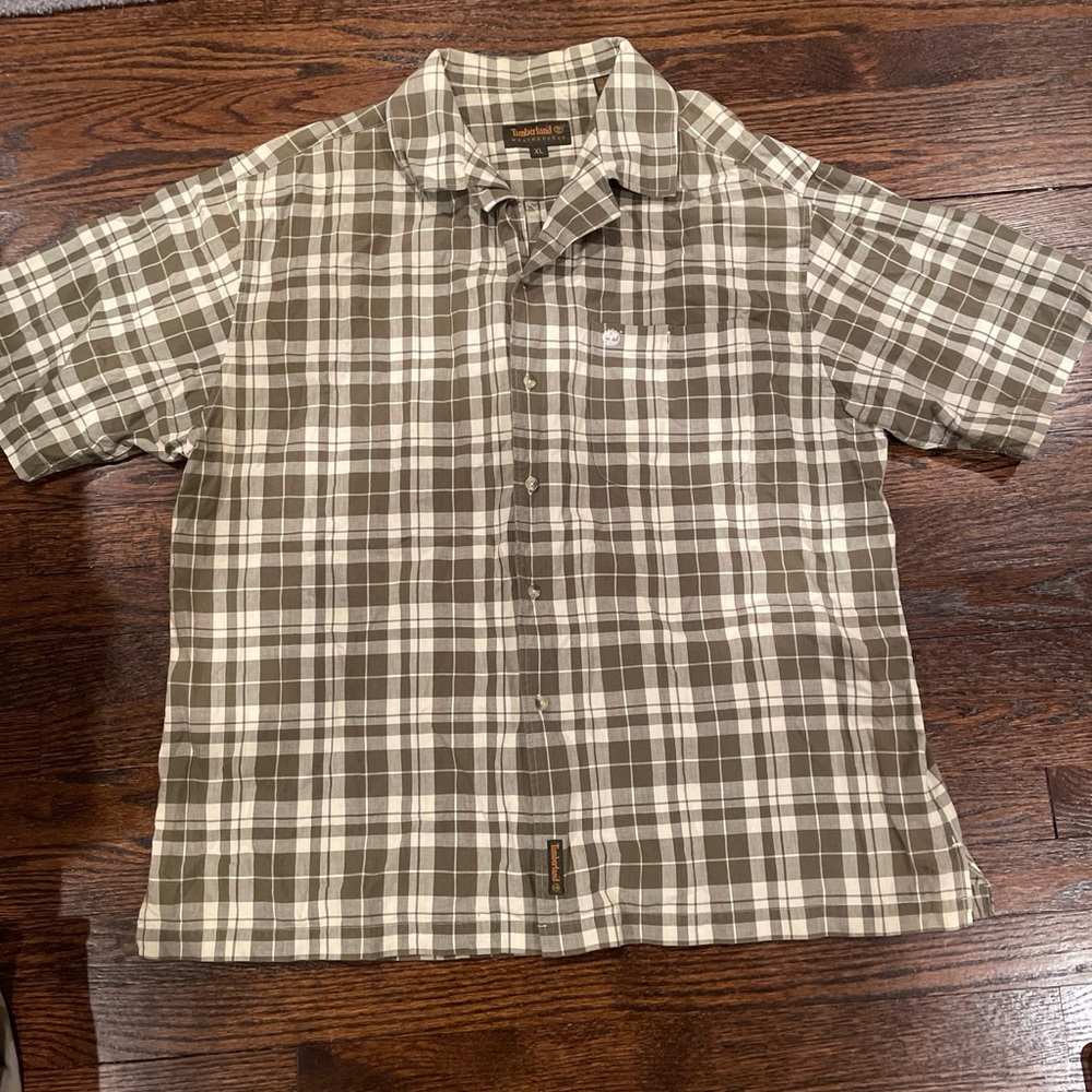 Timberland Weathergear Mens Shirt XL Yellow Check Short Sleeve Button Cotton